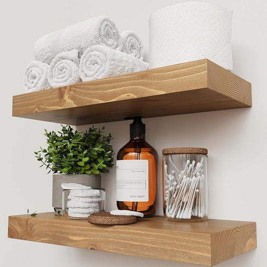 BAOBAB WORKSHOP Natural Wood Floating Shelves for Wall 16 inch - Floating Wall Shelves for Kitchen Bedroom - Wooden Bathroom Shelves - Floating Shelf - Oak Finish, 16W x 6.7D, Set of 2 | Solid Wood, Wall Mount, Kitchen Bedroom, Rustic Farmhouse, Oak Fi...