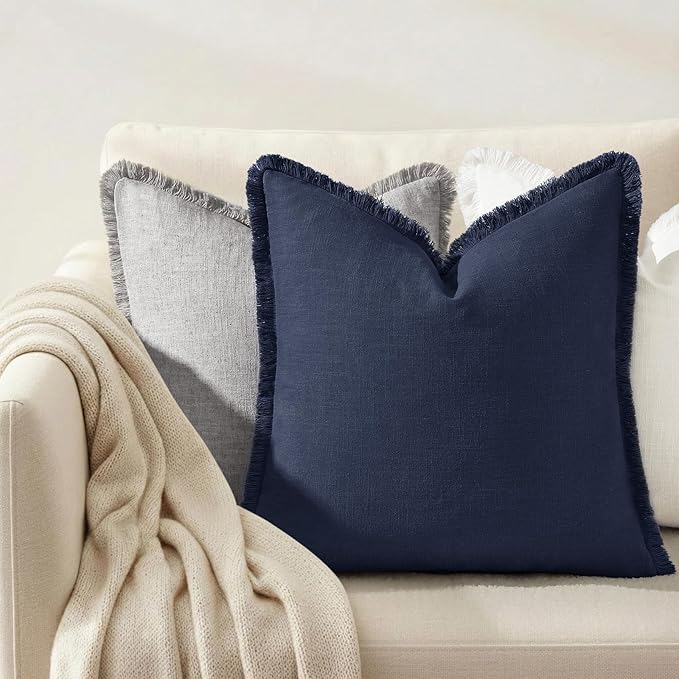 decorUhome Summer Decorative Neutral Linen Fringe Euro Sham Throw Pillow Covers Set of 2 Navy Blue Pillow Covers with Tassels Soft Farmhouse Boho Accent Pillow Cases for Couch Bed Sofa 24x24 Inch