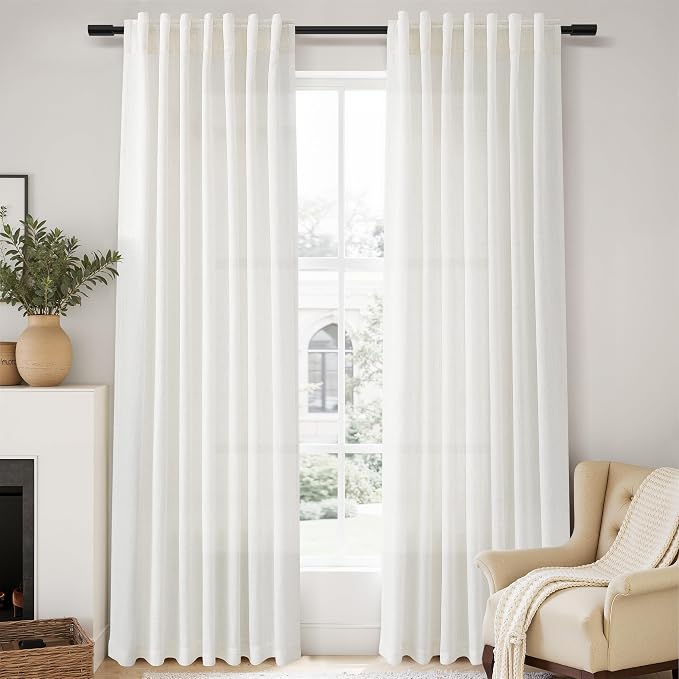 Linen Living Room Curtains 72 Inch Long 2 Panels for Home Office Room Semi Sheer Modern Aesthetic Drapes Light Filtering Window Treatments with Rod Pocket Back Tab Lightweight for Bedroom 52x72