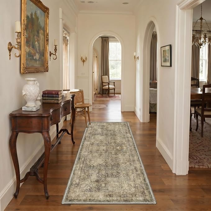 Bavni Washable Rugs 3x5 Machine Washable Rug Lightweight Low Pile, Vintage Floral Rug Non-Shedding Distressed Throw Carpet for Living Room Bedroom Office, Multi Brown