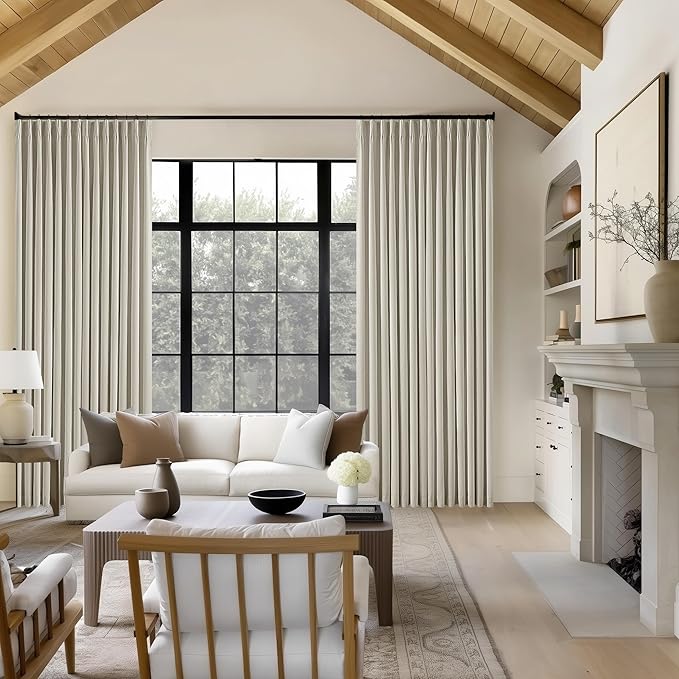 Beige Pleated Linen Blackout Curtains 102 Inches Long for Bedroom Living Room Pinch Pleat Black Out Thermal Insulated Ring Hooks Room Darkening Drapes Oatmeal Light Tan Curtains with Liner 40x102