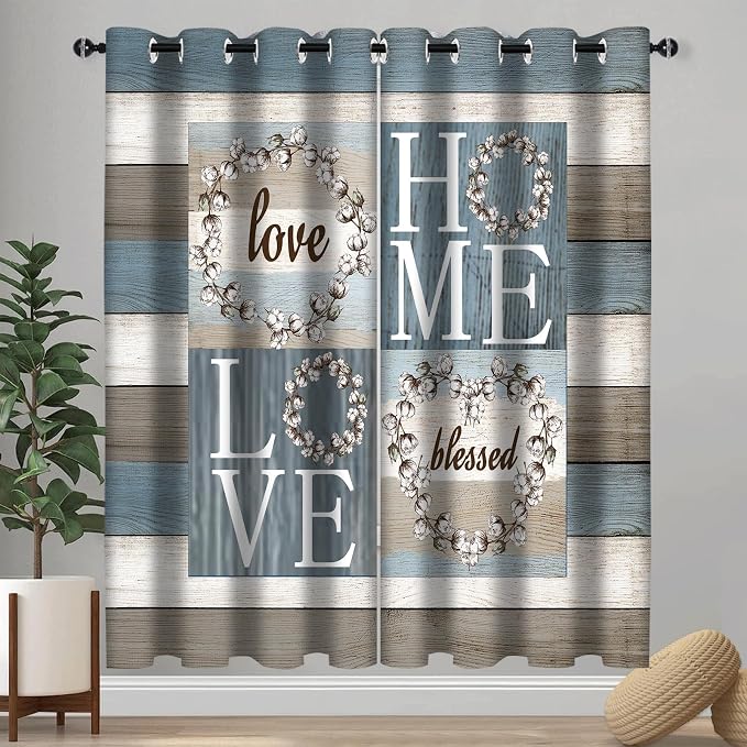 Rustic Floral Flower Sweet Love Home Blackout Curtains, Farmhouse Country Vintage Wood Plank Door Grommet Window Drapes for Living Room Bedroom Decor 2 Panels 52"x96" Inch