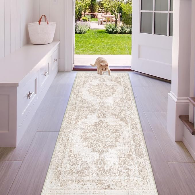 Area Rug 2x6 Runner Rug: Washable Vintage Hallway Rugs Indoor Medallion Rug Low Pile Distressed Floor Carpet Retro Accent Rugs for Kitchen Bedroom Bathroom Dining Room(Beige, 2'x6')