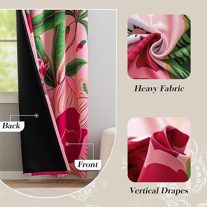 Tyrot Pink Boho Floral Blackout Curtains for Girls Bedroom 63 inch Long 2 Panels Butterfly Botanical Black Out Curtains for Living Room Grommet Thermal Insulated Room Darkening Window Drapes,52Wx63L