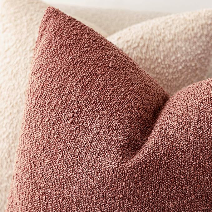 Foindtower Set of 2, Decorative Textured Boucle Throw Pillow Covers Accent Solid Pillow Cases Neutral Cozy Couch Cushion Case for Chair Sofa Bedroom Living Room Home Decor 26x26 Inch Orange Rust Red