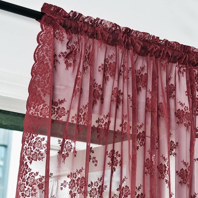 Kotile Burgundy Sheer Curtains 84 Inches Long 2 Panels Cottagecore Floral Maroon Lace Curtains for Living Room, Rod Pocket Light Filtering & Privacy Vintage Sheer Window Curtain 7FT, W52 x L84 Inch