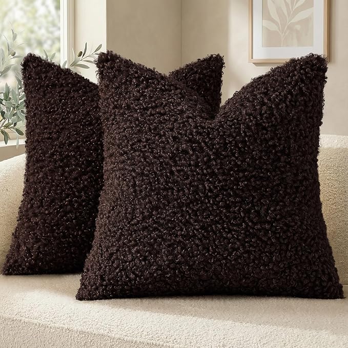 decorUhome Pack of 2 Throw Pillow Covers 26x26 Inch, Faux Fur Decorative Sherpa Pillow Covers Fuzzy Accent Soft Sheepskin Fleece Pillow Cases for Couch Living Room Bed, Chocolate