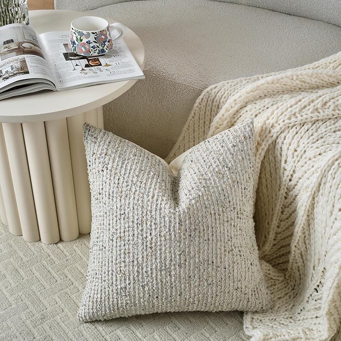DEZENE Striped Throw Pillow Covers 22x22 Set of 2 Cream Grey Textured Boucle Chic Morden Boho Accent Farmhouse Square Decorative Couch Pillow Covers for Home Decor Bed Sofa Living Room