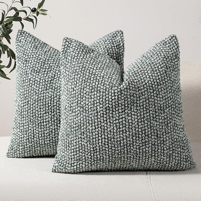 DEZENE Striped Euro Sham Pillow Covers 26x26 Set of 2 Green Textured Boucle Chic Morden Boho Accent Farmhouse Square Decorative Couch Throw Pillow Covers for Home Decor Bed Sofa Living Room