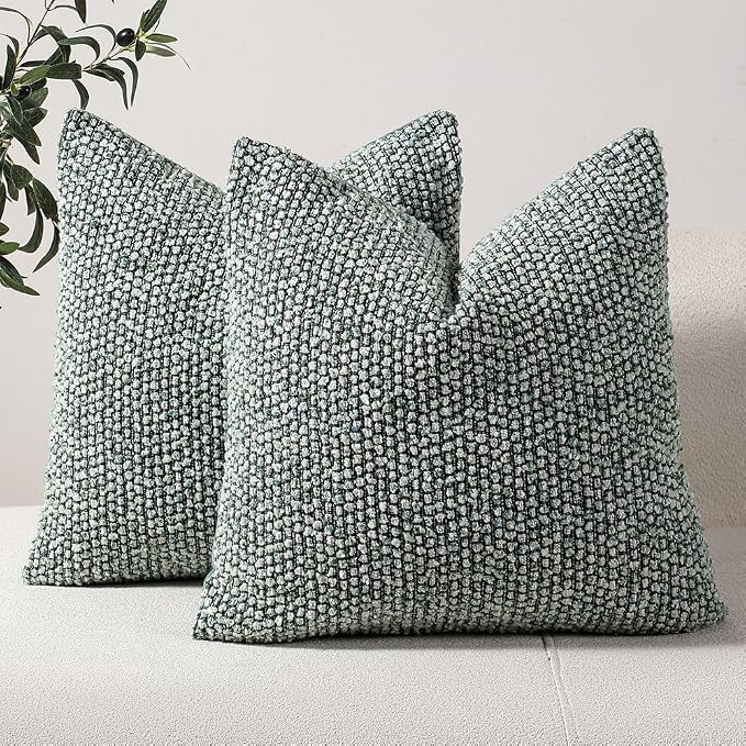DEZENE Striped Throw Pillow Covers 24x24 Set of 2 Green Textured Boucle Chic Morden Boho Accent Farmhouse Square Decorative Couch Pillow Covers for Home Decor Bed Sofa Living Room