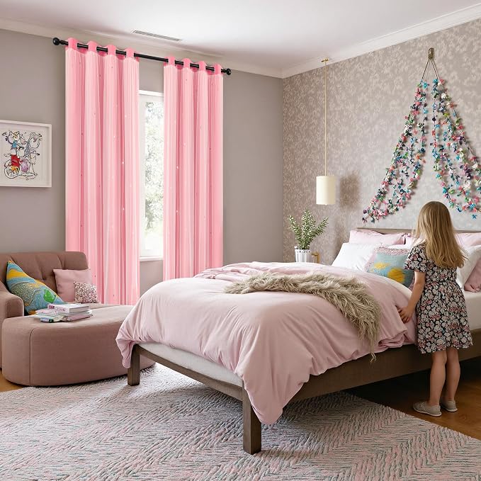 XiDi Pink Curtains for Girls Bedroom Living Room 108 Inches Long 2 Panels Princess Kids Nursery Room Decor Blackout Baby Pink Curtains for Kids Toddler Princess Grommet Window Drapes 34x108