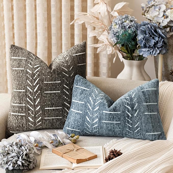 Home Décor Decorative Boho Chenille Throw Pillow Covers Neutral Lumbar Cushion Covers Textured Soft Farmhouse Pillowcase for Couch Sofa Chair Bed Living Room, 12×20 Inch, Set of 2, Dusty Blue