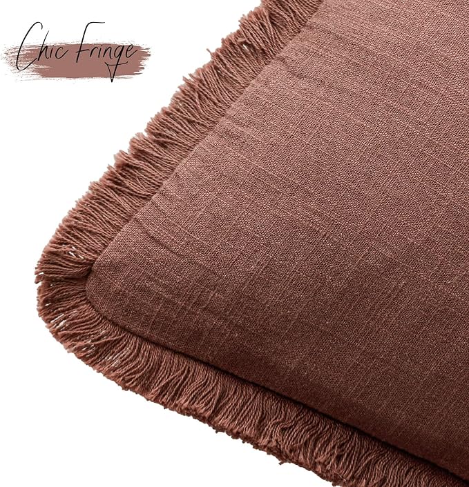 Foindtower Set of 2 Decorative Linen Fringe Throw Pillow Covers Boho Farmhouse Cushion Cover with Tassels Soft Accent Pillowcase for Couch Chair Sofa Bed Living Room Home Decor,20×20 Inch,Rust Red