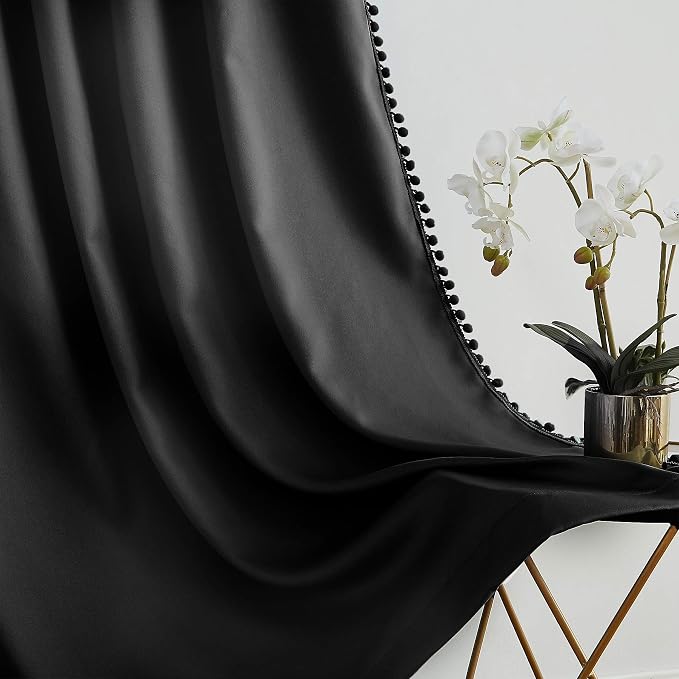 Sliding Door Curtains Black with Pom Poms 100% Full Blackout Curtain Panels for Living Room Bedroom Room Divider Energy Efficient Extra Wide Window Drapes Grommet Top 100"W x 84"L 1 Panel