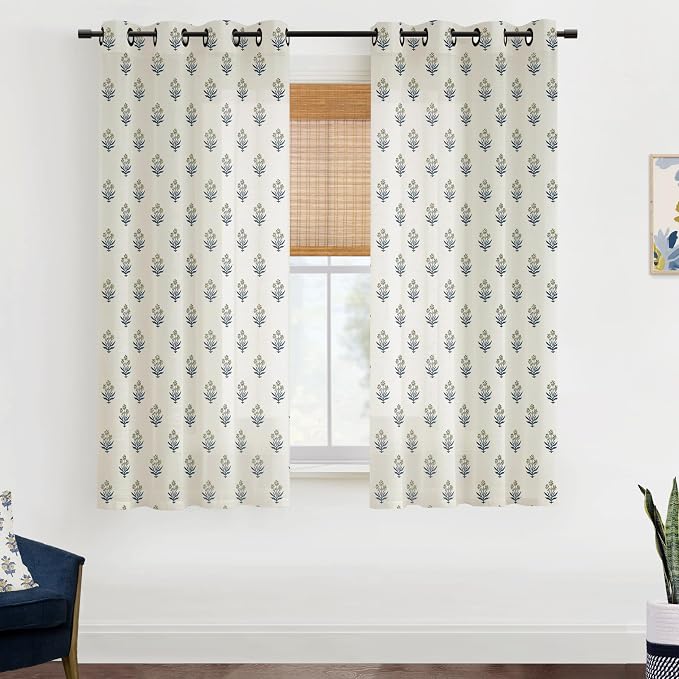 Cute Curtains for Bedroom Kids Playroom,Custom Made Designer Bright Bold Funky Floral Folk Art Sheer Navy Blue and Green Boho Mustard Yellow Kitchen Curtains 63 Inch Length Window Treatments