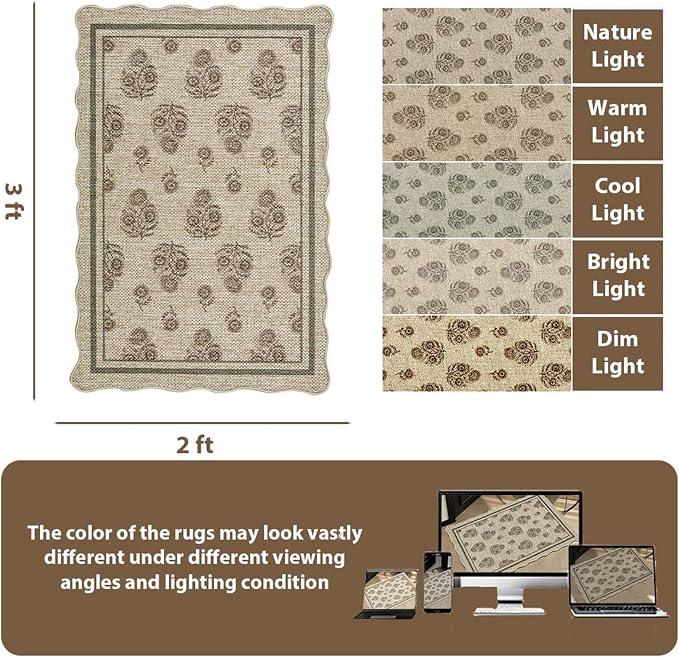ORTIGIA Scalloped Easy Jute 2x3 Area Rug Vintage Brown Floral Accent Farmhouse Washable Rug Non-Slip Indoor Outdoor Carpet for Living Room Bedroom Kitchen Patio Entryway