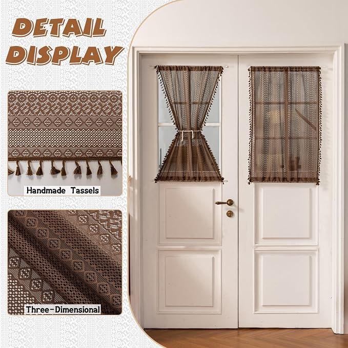 Sutuo Home Caramel Door Window Curtains for Drapery Glass & Sidelights, Boho French Country Style Tassels Vintage Drapes for Front Door Patio Decor, Rod Pocket 2 Panels 25" W x 40" L Dark Coffee
