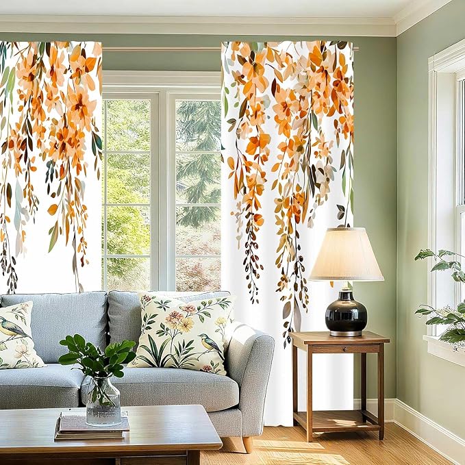 Orange Watercolor Floral Curtains, Botanical Leaves Vine Flowers Curtain, Rustic Farmhouse Flower Leaf Blackout Window Treatment Drapes for Bedroom Living Room 52x72 inch, 2 Panels