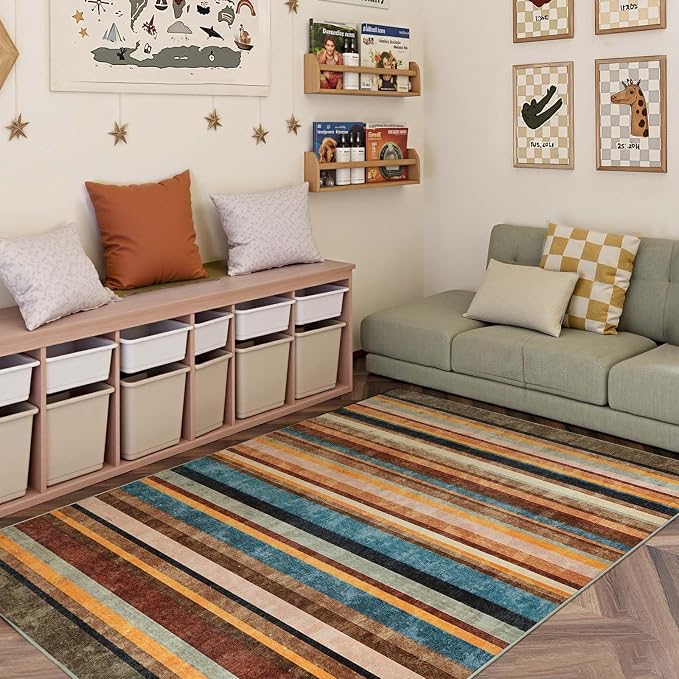 jinchan 5x7 Area Rug Modern Striped Rug Washable Rug Soft Large Indoor Floor Cover Non Slip Colorful Carpet for Bedroom Kitchen Dining Room Home Office, Pine Dawn