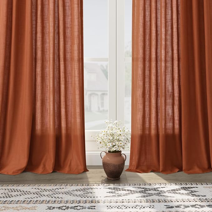 2 Panels Terracotta Linen Curtains 108 inches Long for Living Room Extra Long Back Tab Semi Sheer Rustic Farmhouse Boho Curtains Ceiling to Floor Length 108 inch for Large Window Rust Colored 9 FT