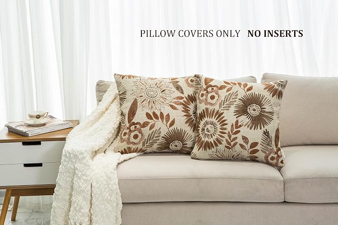 Mika Home Pack of 2 Throw Pillow Covers Decorative Pillow Cases for Sofa Couch Bed,Sunflower Pattern,22x22 Inches,Brown Cream