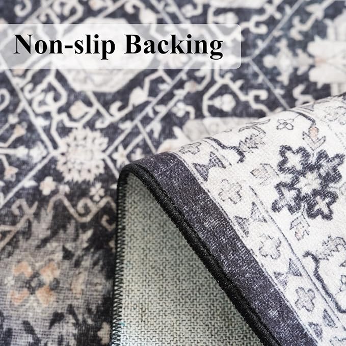 4x6 Living Room Area Rugs: Washable Non-Slip Boho Decorative Rugs for Bedroom Nursery Low Pile Neutral Small Carpet for Kitchen Dining Room Non-Shedding Floor Mat for Kids Room Office (4x6，Black)