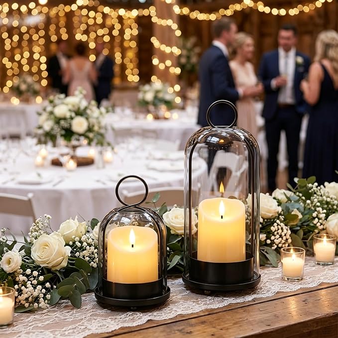 Brass Hurricane Handmade Sturdy Glass Dome Candle Holders with Glass Cover, Set of 2 Flameless Battery Operated LED Pillar Candles and Remote, Elegant Cloche Lantern for Modern Table Centerpiece