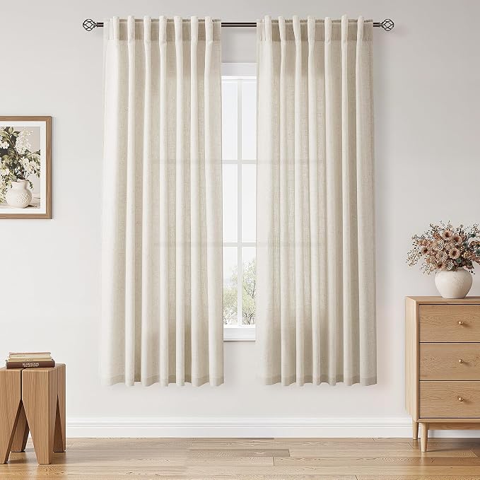 Nanspring Warm Beige Linen Curtains 72 Inch Length for Living Room Semi Sheer Light Filtering Door Drapes 2 Panels Set for Kids Bedroom Light Filtering Back Tab Rod Pocket Modern Farmhouse Decor 52x72