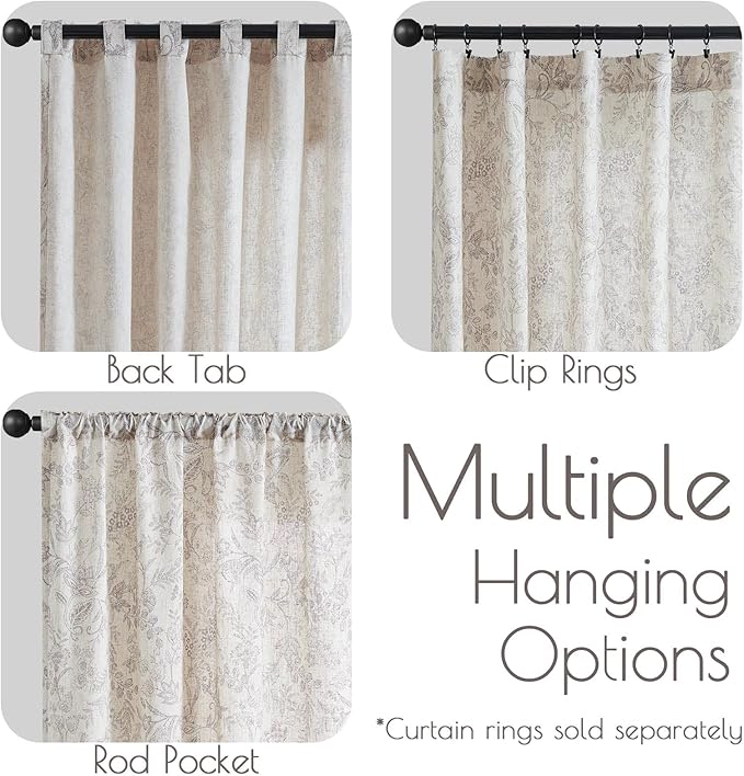jinchan Floral Linen Blend Curtains for Living Room Verbena Grey French Country Farmhouse Curtains 63 Inches Long Light Filtering Window Back Tab Semi Sheer 2 Panels