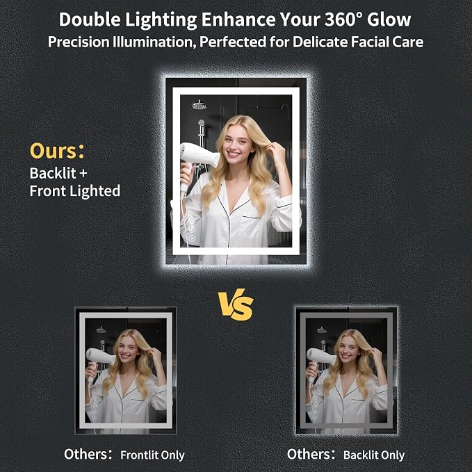 30"x24" LED Bathroom Mirror with Lights, Backlit + Front Lit, Lighted Mirror for Bathroom, Anti-Fog, Dimmable Brightness, 3 Colors, Memory Function
