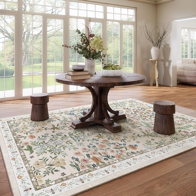 Washable Area Rug for Living Room: 9x12 Area Rugs for Bedroom Vintage Stain Resistant Non Slip Low Pile Soft Indoor Carpet Rug for Kitchen Dining Room Farmhouse Kids Room Nursery