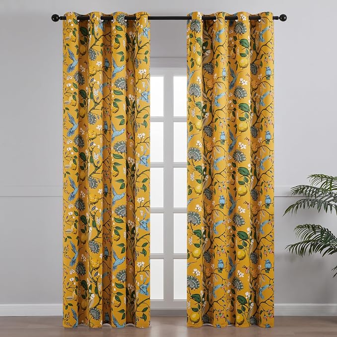 Topfinel 80 Inches Long Custom Mustard Yellow Luxury Curtains for Living Room Bedroom, Blackout Vintage Victorian Curtains Floral Lemon Hummingbird Printed Grommet Drape 80 Inch Length