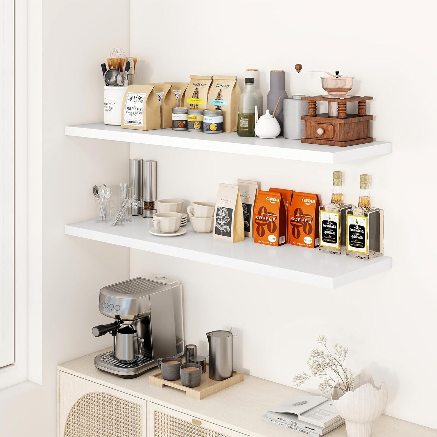 48" Floating Shelves for Wall, 12" Deep Slim White Floating Shelves, Wall-Mounted Shelves for Bedroom, Living Room, Kitchen, Bathroom - Set of 2