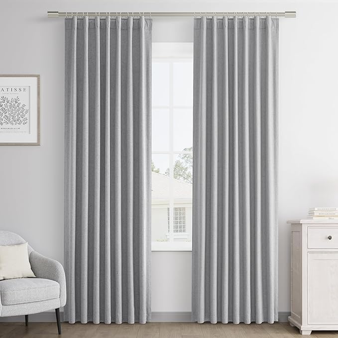 Joywell 100% Blackout Linen Curtains 80 Inches Long for Bedroom Black Out Curtain 2 Panel Set Rod Pocket Back Tab Room Darkening Drapes for Dining Room Office Window 52 x 80,Light Gray