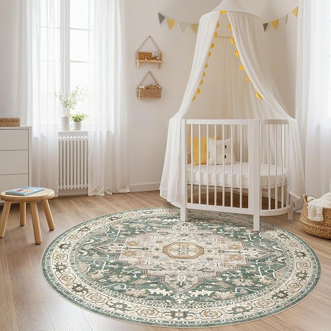 10ft Round Rug Living Room Rugs: 10x10 Washable Boho Neutral Large Circle Soft Indoor Distressed Stain Resistant Floor Farmhouse Carpet for Bedroom Nursery Kids Playroom Office Dining Room Dorm- Green