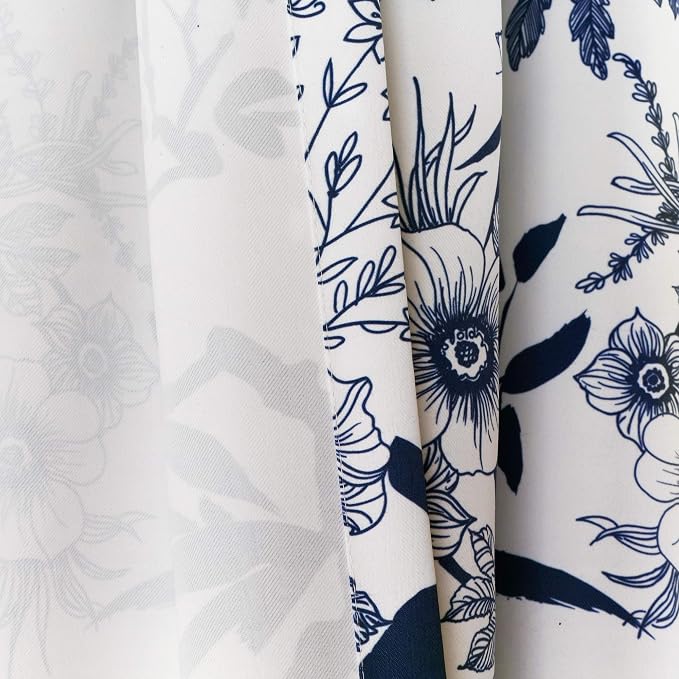Lush Decor Botanical Garden Curtains Floral Bird Print Light Filtering Window Panel Drapes Set for Living, Dining, Bedroom (Pair), Navy, 52"W x 84L"