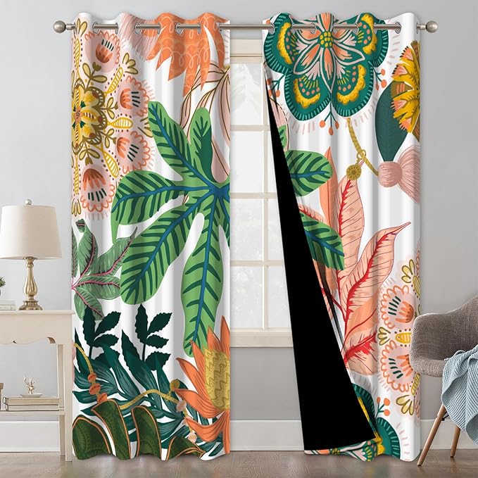 Boho Floral Blackout Curtains 84 Inch Long 2 Panels Set, Grommet Thermal Insulated Window Black Out Curtains for Bedroom Living Room, Soundproof Privacy Light Filtering Drapes with Curtain Tiebacks