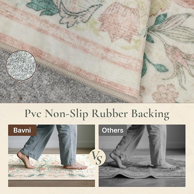 Bavni 2'6''x6 Runner Rug,Microfiber Washable Non-Slip Vintage Floral Rugs,Low Pile Lightweight Carpet for Bedroom,Hallway,Entryway,Kitchen,Bathroom, Beige&Pink
