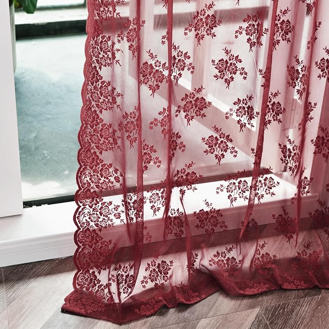 Kotile Burgundy Lace Curtains 84 Inches Long 2 Panels Cottagecore Floral Maroon Sheer Curtains for Living Room, Rod Pocket Light Filtering & Privacy Vintage Sheer Window Curtains 7FT, W42 x L84 Inch