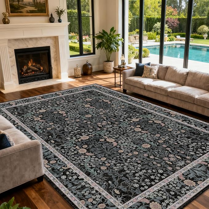 Extra Large 10x14 Area Rug for Living Room, Washable Rugs for Dining Room, Bedroom, Non Slip Stain Resistant Carpet, Low Pile Vintage Floral Rug (Black)