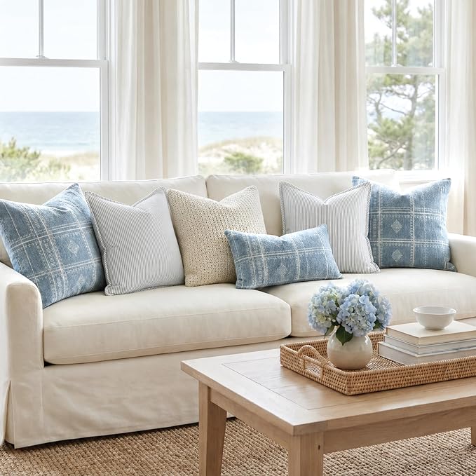 BlissBlush Decorative Throw Pillow Covers 20x20 Set of 2, Coastal Blue Textured Chenille Accent Throw Pillow Covers for Couch Sofa Bed Living Room Home Décor, Blue (Cover Only)