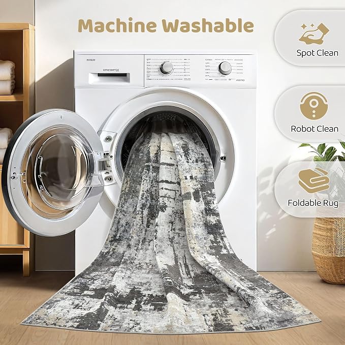 6x8 Area Rug Living Room: Washable Large Abstract Modern Soft Rug Stain Resistant Indoor Floor Non-Slip Accent Carpet for Bedroom Nursery Playroom Dining Room Office Dorm Home House- Black Gold