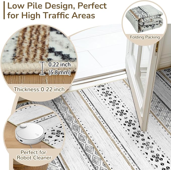 BESTSWEETIE 6x9 Area Rugs for Living Room Washable Moroccan Farmhouse Neutral Geometric Low Pile Non-Slip Soft Print Pattern Rug for Bedroom Kitchen Dining Room Entryway Black/Brown