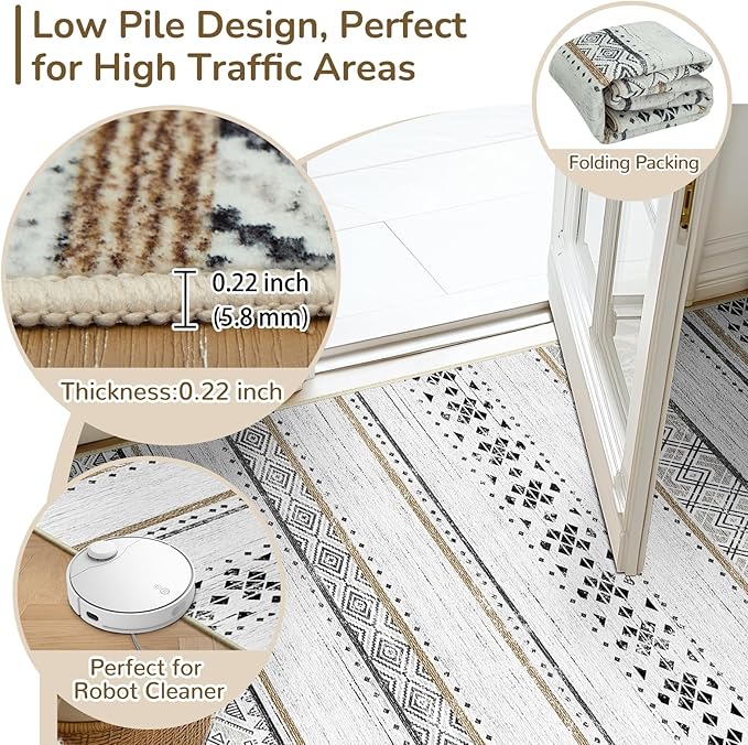 BESTSWEETIE 8x10 Area Rugs for Living Room Washable Moroccan Farmhouse Neutral Geometric Low Pile Non-Slip Soft Print Pattern Rug for Bedroom Kitchen Dining Room Entryway Black/Brown