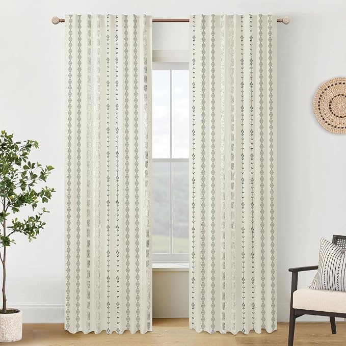 Cream and Black Boho Farmhouse Curtains, Modern Striped Pattern Semi Blackout Drapes for Bedroom Living Room, 84 Inches Long