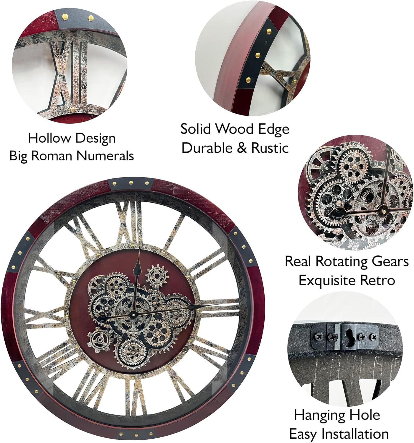 DORBOKER 30" Original Moving Gears Wall Clock, Large Industrial Wall Clock for Living Room Decor, Retro Wood Vintage Farmhouse Steampunk Rustic Clocks for Wall Decor,Cherry Red