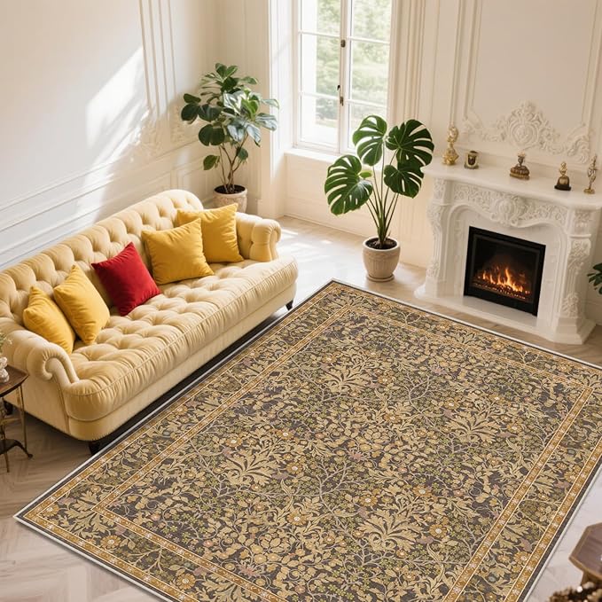 9x12 Washable Area Rugs for Living Room, Stain Resistant Vintage Rugs for Dining Room Under Kitchen Table, Bedroom, Floral Low Pile Non-Slip Large Carpet (9 x 12 Goldenrod)