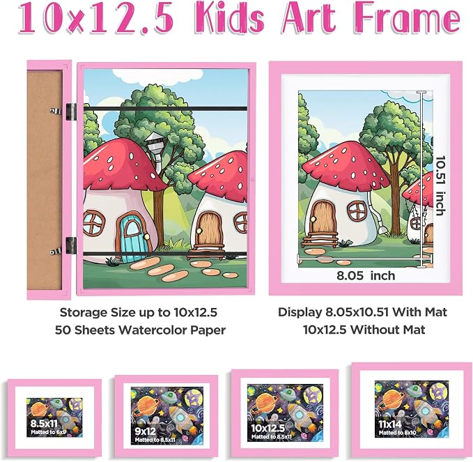 KINLINK 10x12.5 Kids Art Frame 2 Pack, Solid Wood Artwork Frames Changeable, Front Opening Hold 150 Pictures, Art Frames for Kids Artwork, 8.5x11 with Mat 10x12.5 without Mat, Picture Frames Light Pink