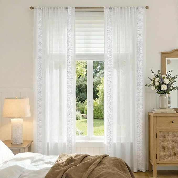 jinchan Weslie Floral White Sheer Curtains for Living Room 84 Inch Long Embroidered Voile Farmhouse Linen Curtains for Bedroom Bordered Flower Patterned Cottage Core Window Drapes 2 Panels Off White