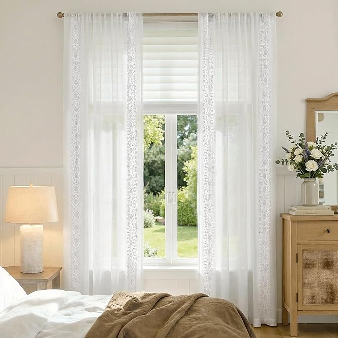 jinchan Weslie Floral White Sheer Curtains for Living Room 96 Inch Long Embroidered Voile Farmhouse Linen Curtains for Bedroom Bordered Flower Patterned Cottage Core Window Drapes 2 Panels Off White